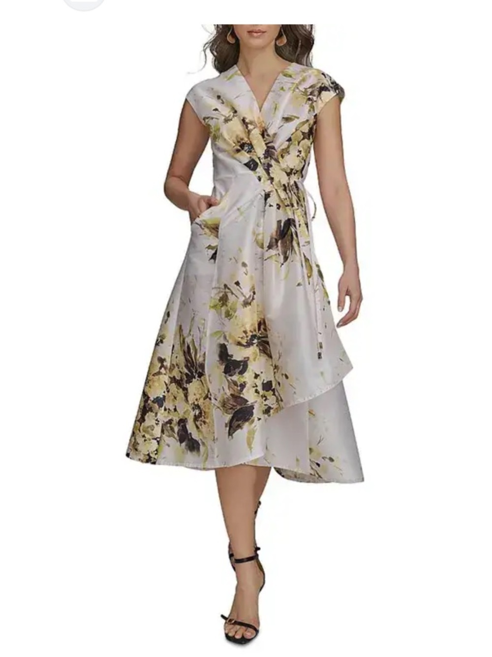 Donna Karan New York Floral Faux-Wrap Midi Dress. Yellow.  NWT. SZ 8